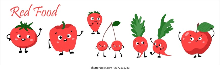 Happy cute smiling red vegetables. Vector flat cartoon character illustration on white background. Cute tomato vegetable character concept