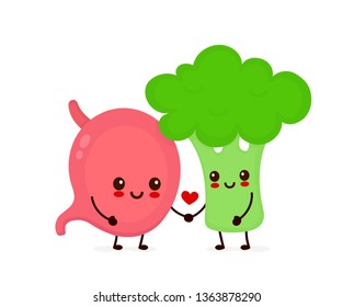 Happy cute smiling stomach and broccoli in love. Vector flat cartoon character illustration icon.Isolated on white background. Cute stomach,broccoli vegetable character,healthy nutrition concept