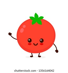 Happy cute smiling tomato. Vector flat cartoon character illustration icon.Isolated on white background. Cute tomato vegetable character concept