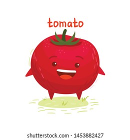 Happy cute smiling tomato. Vector flat cartoon character illustration icon.Isolated on white background. Cute tomato vegetable character concept