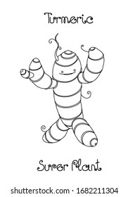 happy cute smiling turmeric root, culinary spice for cooking, funny character, comic monster, vector illustration with black contour lines isolated on white background in cartoon & hand drawn style