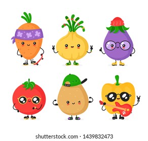 Happy cute smiling vegetables set. Vector flat cartoon trendy style character illustration collection.Isolated on white background. Cute carrot,onion,tomato,potato, pepper,eggplant vegetables set