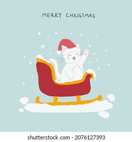 Feliz lindo y sonriente gato blanco vestido con el sombrero de Santa Claus sentado en el trineo y saludando la mano. Acogedora tarjeta de felicitación cuadrada de Navidad con texto escrito a mano. Ilustración del vector EPS 10