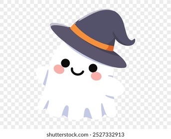 Happy cute smiling white ghost  wear witch hat isolated on png or transparent background,Halloween party banner, blank space for text, element template for poster, brochures. vector