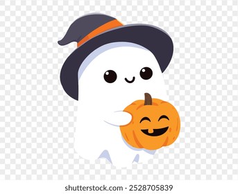 Feliz lindo fantasma blanco sonriente desgaste bruja sombrero abrazo calabaza de Halloween aislado en png o fondo transparente, Anuncio de fiesta de Halloween, espacio en blanco para texto, Plantilla de elementos para póster, folletos