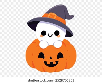 Happy cute smiling white ghost  wear witch hat hug Halloween pumpkin isolated on png or transparent background,Halloween party banner, blank space for text, element template for poster, brochures. vec