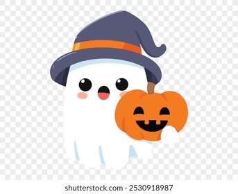 Feliz bonito sorridente branco fantasma usar bruxa que segura abóbora Halloween isolado no png ou fundo transparente, banner festa de Halloween, espaço em branco para texto, modelo de elemento para cartaz, brochuras. ve