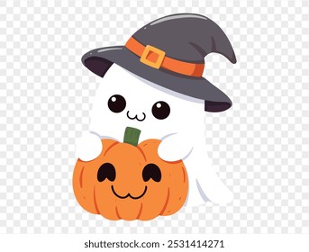 Feliz bonito sorridente branco fantasma usar bruxa chapéu abraço abóbora Halloween isolado no png ou fundo transparente, banner festa de Halloween, espaço em branco para texto, modelo de elemento para cartaz, brochuras. vec