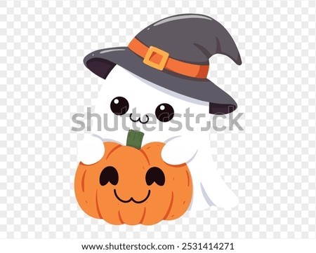 Happy cute smiling white ghost  wear witch hat hug Halloween pumpkin isolated on png or transparent background,Halloween party banner, blank space for text, element template for poster, brochures. vec