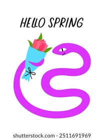 A happy cute snake holds a bouquet of tulips in its tail. The inscription hello spring. Vector cartoon illustration for print.
