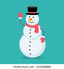 Happy cute snowman in black hat, red scarf and gloves isolated on green background. Vector illustration of snowman