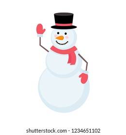 Happy cute snowman in black hat, red scarf and gloves isolated on white background. Vector illustration of snowman