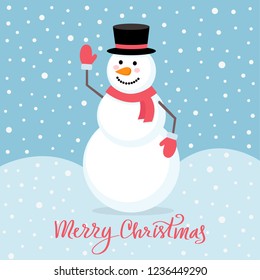 Happy cute snowman in black hat, red scarf and gloves on background with snowflakes. Merry Christmas greeting card template. Vector illustration of snowman