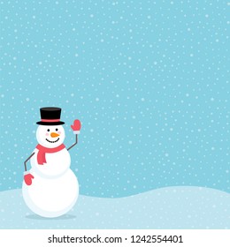 Happy cute snowman in black hat, red scarf and gloves on background with snowflakes. Winter background. Merry Christmas greeting card template. Place for your text. Vector illustration of snowman