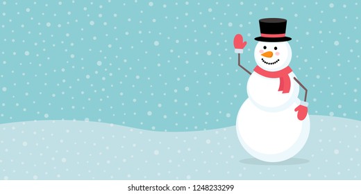 Happy cute snowman in black hat, red scarf and gloves on background with snowflakes. Winter background. Merry Christmas greeting card template. Place for your text. Vector illustration of snowman