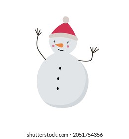 Happy cute snowman in black hat, red scarf and gloves isolated on white background. Vector illustration of snowman