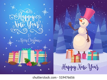 Happy cute Snowman with gifts in forest. Christmas greeting card background poster. Vector illustration. Merry christmas and Happy new year.