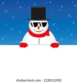 happy cute snowman with sunglasses on blue snowy background vector illustration EPS10