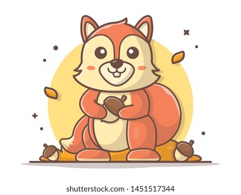 Happy Cute Squirrel Character Holding Acorn Vector Illustration. Happy Autumn. Autumn Icon Illustration. Flat Cartoon Style Suitable for Web Landing Page, Banner, Flyer, Sticker, Card, Background
