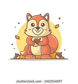 Happy Cute Squirrel Character Holding Acorn Vector Illustration. Happy Autumn. Autumn Icon Illustration. Flat Cartoon Style Suitable for Web Landing Page, Banner, Flyer, Sticker, Card, Background