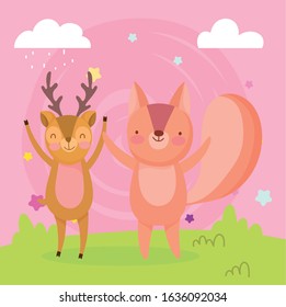 happy cute squirrel and deer in the field cartoon vector illustration