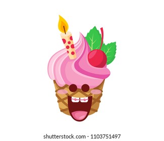 Happy Cute Strawberry Cream Cupcake Birthday Cake Cartoon Character, Suitable For Children Book, Character, Game Asset, Infographic, Illustration, And Other Graphic Related Assets 