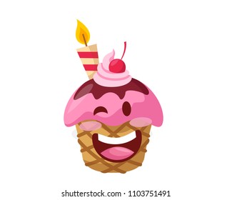 Happy Cute Strawberry Cupcake Birthday Cake Cartoon Character, Suitable For Children Book, Character, Game Asset, Infographic, Illustration, And Other Graphic Related Assets 