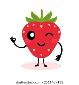 Happy cute strawberry. Vector cartoon character in flat style isolated on white background.