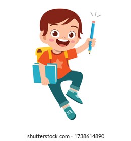 niño estudiante lindo y feliz con libro y lápiz