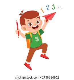 happy cute student kid boy with book and pencil