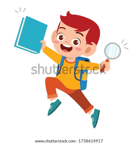 happy cute student kid boy with book and pencil