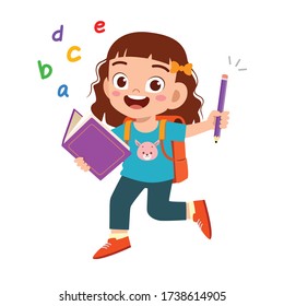 happy cute student kid girl with book and pencil