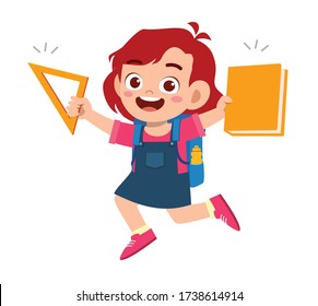 happy cute student kid girl with book and pencil