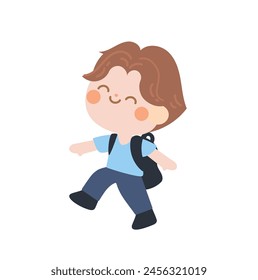 happy cute students going to school with backpacks. kids going to elementary or middle school. brown hair boy wear blue uniform go to Kindergarten School children. vector illustration hand draw.