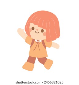 happy cute students going to school with backpacks. kids going to elementary or middle school. brown hair girl wear yellow uniform go to Kindergarten School children. vector illustration hand draw.