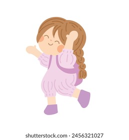 happy cute students going to school with backpacks. kids going to elementary or middle school. brown hair girl wear purple uniform go to Kindergarten School children. vector illustration hand draw.