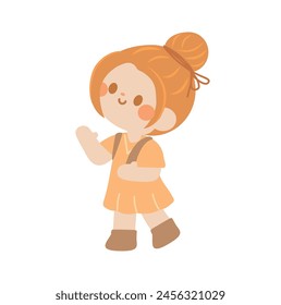 Estudiantes lindos y felices yendo a la escuela con mochilas. Niños yendo a la escuela primaria o secundaria. Niña de pelo castaño usando uniforme amarillo ir a la escuela de kindergarten. Dibujo de Ilustración vectorial a mano.