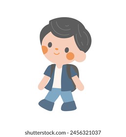happy cute students going to school with backpacks. kids going to elementary or middle school. brown hair boy wear blue uniform go to Kindergarten School children. vector illustration hand draw.