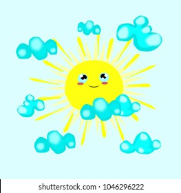 Happy cute sun with cloud,cartoon style,Vector illustration