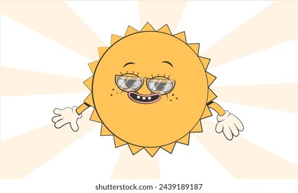 Happy cute Sun planet character with sunglasses.Simple retro cartoon mascot for poster, banner, graphic print.Y2k groovy sunny day, ecology concept. Vector illustration EPS 10