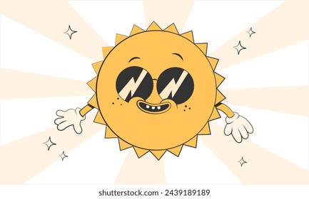 Happy cute Sun planet character with sunglasses.Simple retro cartoon mascot for poster, banner, graphic print.Y2k groovy sunny day, ecology concept. Vector illustration EPS 10