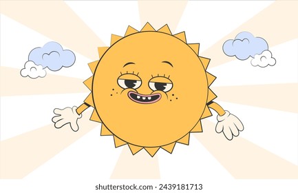 Happy cute Sun planet character.Simple retro cartoon mascot for poster, banner, graphic print.Y2k groovy sunny day, ecology concept. Vector illustration EPS 10