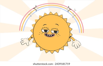 Happy cute Sun planet character.Simple retro cartoon mascot for poster, banner, graphic print.Y2k groovy sunny day, ecology concept. Vector illustration EPS 10