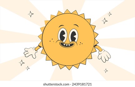 Happy cute Sun planet character.Simple retro cartoon mascot for poster, banner, graphic print.Y2k groovy sunny day, ecology concept. Vector illustration EPS 10