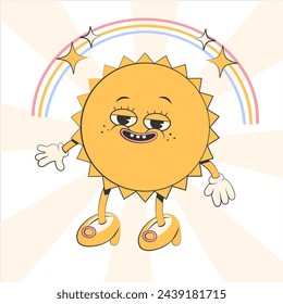 Happy cute Sun planet girl character.Simple retro cartoon mascot for poster, banner, graphic print.Y2k groovy sunny day, ecology concept. Vector illustration EPS 10