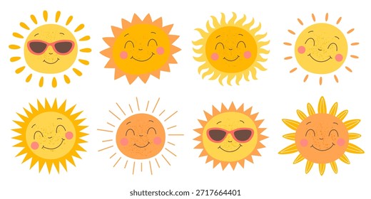 Conjunto de sol lindo feliz con caras sonrientes con pecas. Dibujos animados de Summer Sun Characters. Divertida ilustración de Clima para niños.