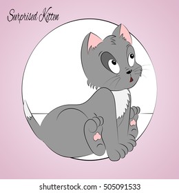 Happy cute surprised kitten. Simple cartoon style.