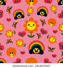 Happy cute sweet groovy hippie funny daisy butterfly heart seamless wallpaper background vector.