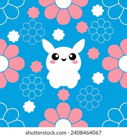 Happy cute sweet rabbit seamless wallpaper blue background vector.