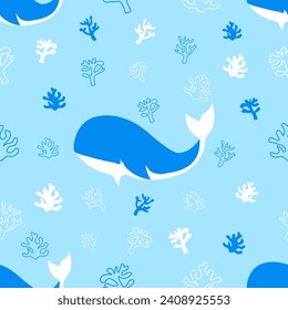 Happy cute sweet whale seamless wallpaper blue background vector.